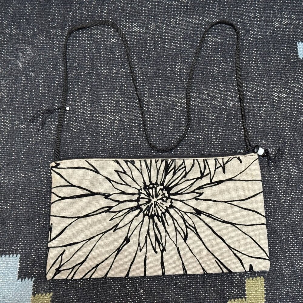 Crossbody Zippered Bag, Flocked Floral Textile, Black and Tan